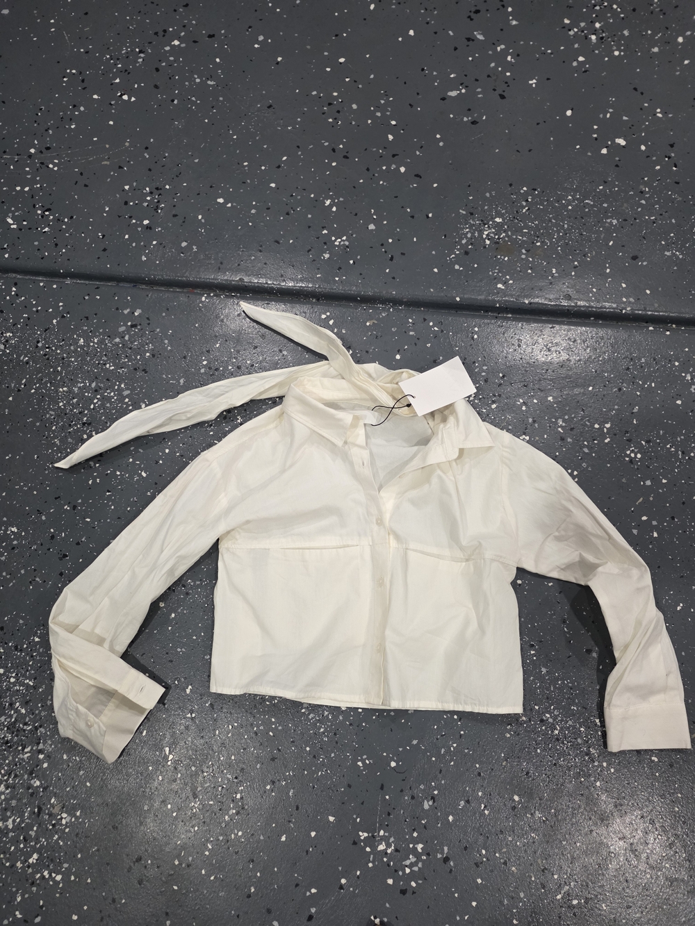 Zara Cream Cropped Tie-Neck Long Sleeve Shirt